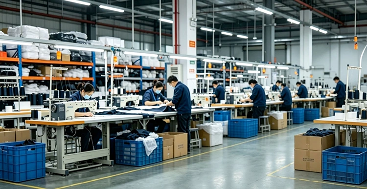 Far East Manufacturing factory workshop, sewing production line for custom travel accessories and travel storage bags