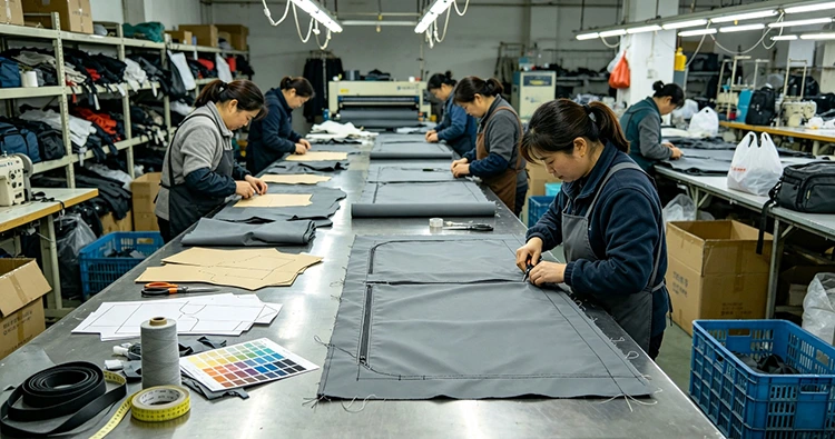 Factory workers cutting and sewing fabric for custom travel electronic accessory pouches