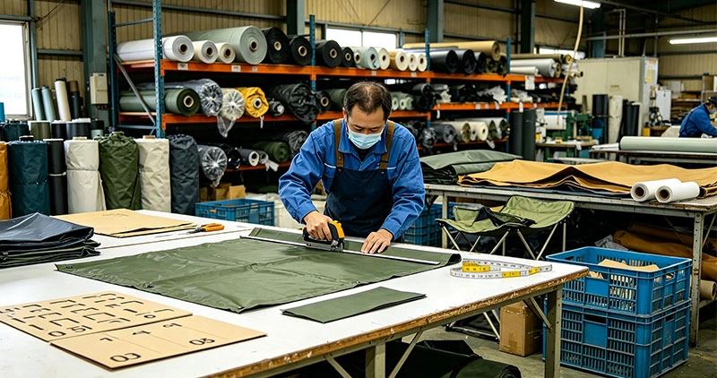 Worker inspecting and cutting outdoor fabric in factory